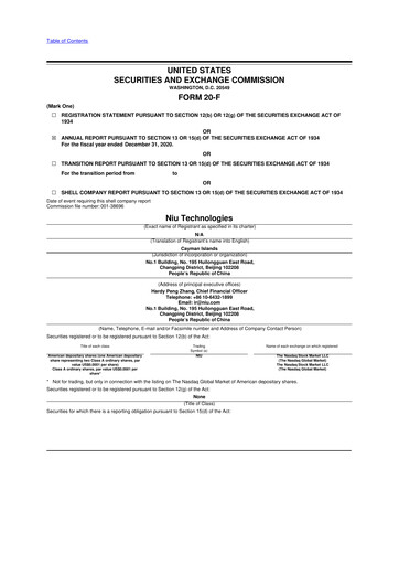 Vorschaubild Niu Technologies 20-F Jahresbericht 2020