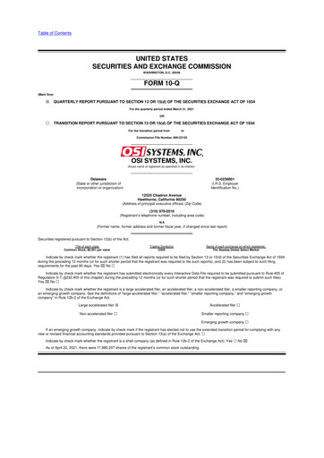 Miniature OSI Systems
 10-Q Rapport trimestriel 2021 