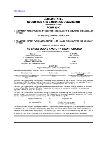 Thumbnail The Cheesecake Factory
 10-Q Quarterly Report FY2021 