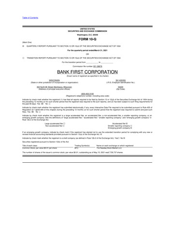 Thumbnail Bank First 10-Q Quarterly Report FY2021 