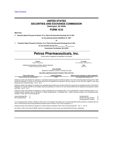 Miniature Petros Pharmaceuticals 10-Q Rapport trimestriel 2021 