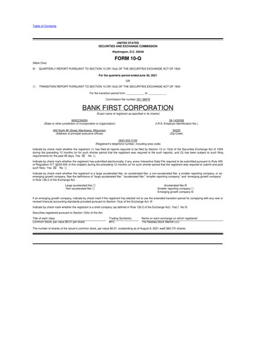 Thumbnail Bank First 10-Q Quarterly Report FY2021 