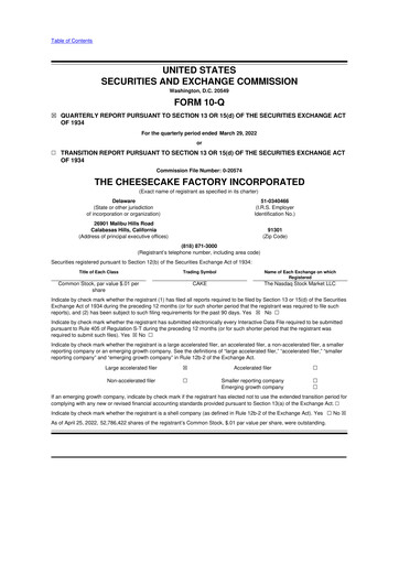 Thumbnail The Cheesecake Factory
 10-Q Quarterly Report FY2022 