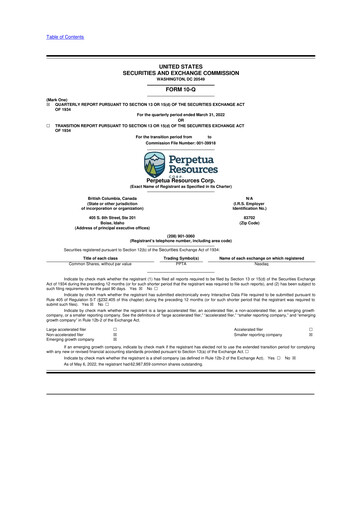 Miniature Perpetua Resources 10-Q Rapport trimestriel  