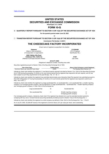 Thumbnail The Cheesecake Factory
 10-Q Quarterly Report FY2022 
