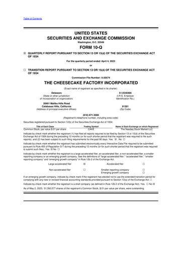 Thumbnail The Cheesecake Factory
 10-Q Quarterly Report FY2023 