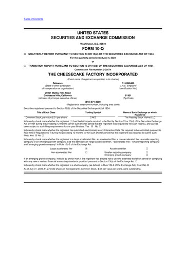 Thumbnail The Cheesecake Factory
 10-Q Quarterly Report FY2023 