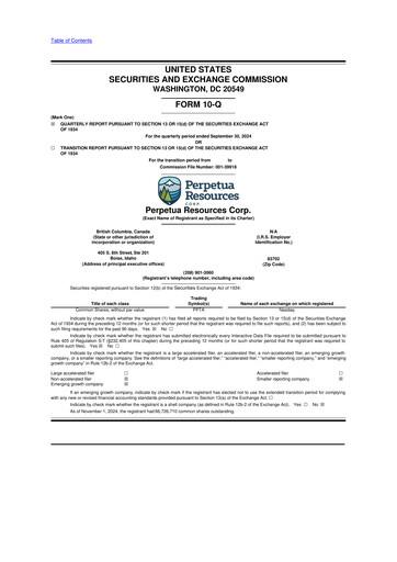 Miniature Perpetua Resources 10-Q Rapport trimestriel  