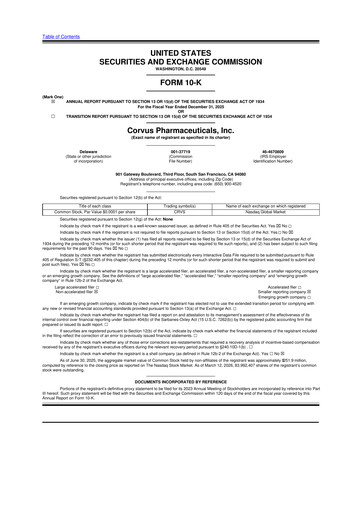Thumbnail Corvus Pharmaceuticals
 10-K Annual Report 