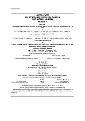 Thumbnail The Metals Royalty Company 20-F Annual Report 2025