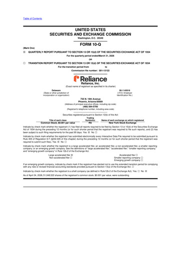 Thumbnail Reliance


 10-Q Quarterly Report FY 