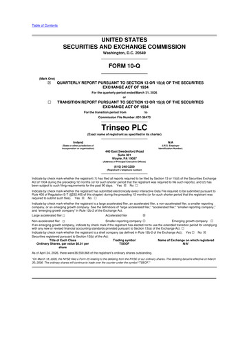 Miniature Trinseo 10-Q Rapport trimestriel  