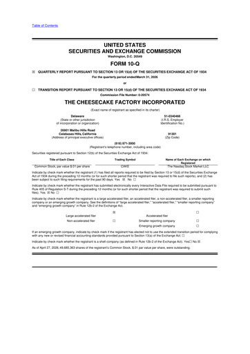 Thumbnail The Cheesecake Factory
 10-Q Quarterly Report FY 