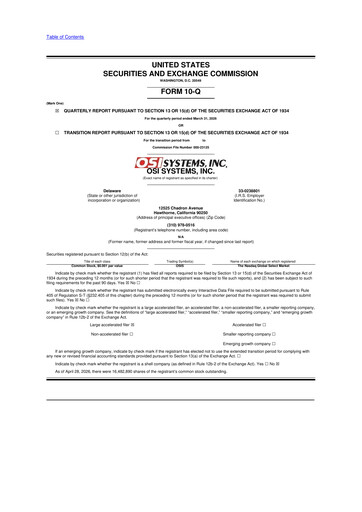 Thumbnail OSI Systems
 10-Q Quarterly Report FY 