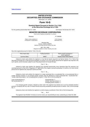 Thumbnail Monster Beverage 10-Q Quarterly Report FY2026 