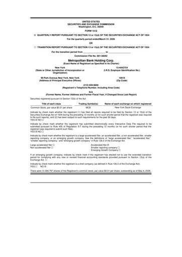 Thumbnail Metropolitan Bank Holding 10-Q Quarterly Report FY 