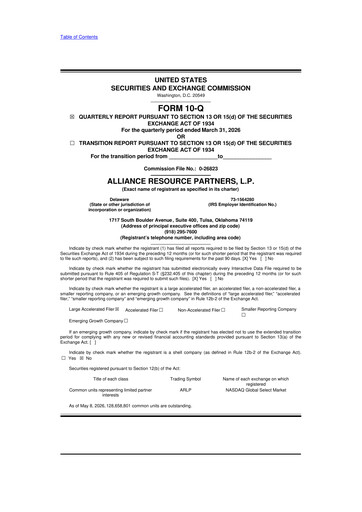 Thumbnail Alliance Resource Partners 10-Q Quarterly Report FY 