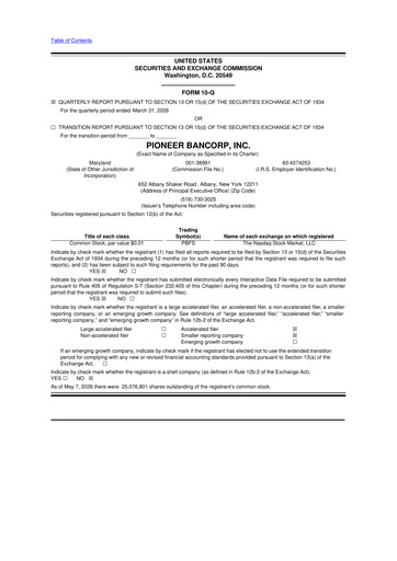 Thumbnail Pioneer Bancorp 10-Q Quarterly Report FY 