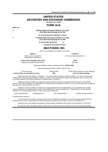 Thumbnail B&G Foods

 10-Q Quarterly Report FY 