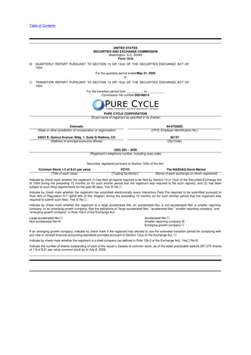 Thumbnail Pure Cycle (water) 10-Q Quarterly Report FY2026 