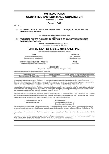 Thumbnail United States Lime & Minerals  10-Q Quarterly Report FY2026 