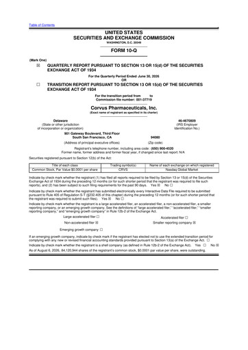 Miniature Corvus Pharmaceuticals
 10-Q Rapport trimestriel 2026 