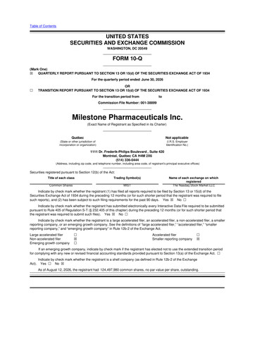 Vorschaubild Milestone Pharmaceuticals
 10-Q Quartalsbericht 2026 