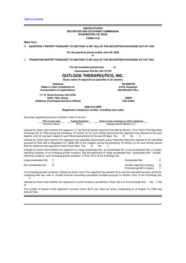 Miniature Outlook Therapeutics
 10-Q Rapport trimestriel 2026 