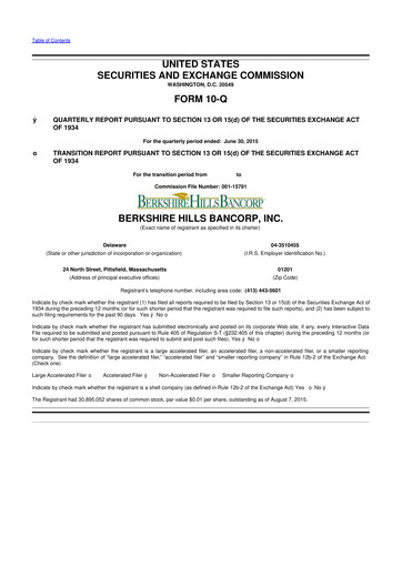 Thumbnail Berkshire Hills Bancorp 10-Q Quarterly Report FY2015 