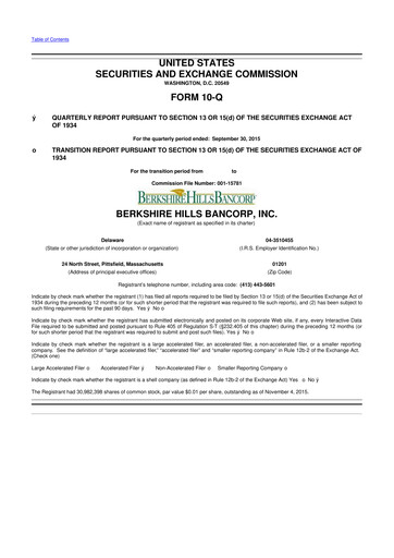 Thumbnail Berkshire Hills Bancorp 10-Q Quarterly Report FY2015 