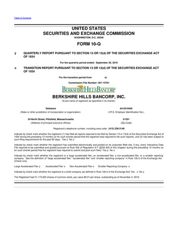 Thumbnail Berkshire Hills Bancorp 10-Q Quarterly Report FY2016 