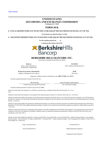 Thumbnail Berkshire Hills Bancorp 10-K Annual Report 2018