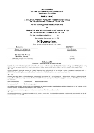 Thumbnail NiSource
 10-Q Quarterly Report FY2018 