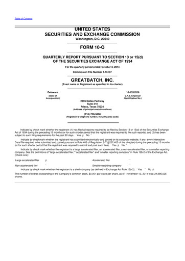 Miniature Integer Holdings
 10-Q Rapport trimestriel 2014 