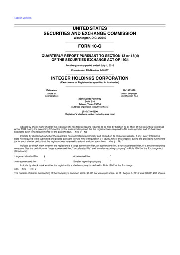 Miniature Integer Holdings
 10-Q Rapport trimestriel 2016 