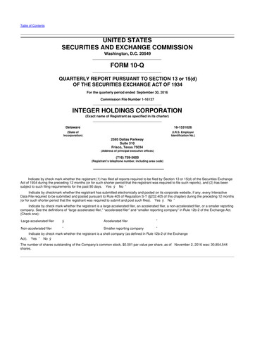 Miniature Integer Holdings
 10-Q Rapport trimestriel 2016 