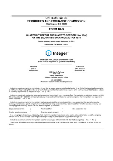 Miniature Integer Holdings
 10-Q Rapport trimestriel 2018 