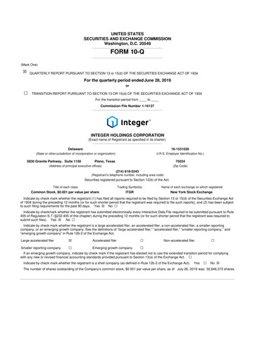 Miniature Integer Holdings
 10-Q Rapport trimestriel 2019 