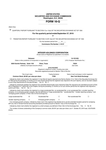 Miniature Integer Holdings
 10-Q Rapport trimestriel 2019 