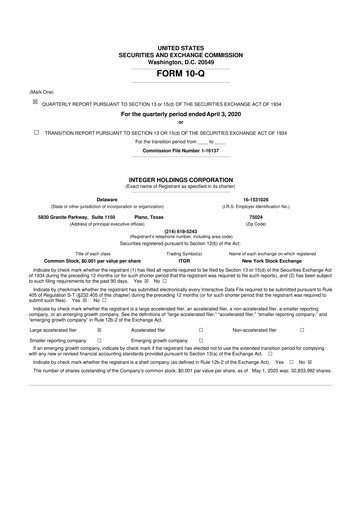 Miniature Integer Holdings
 10-Q Rapport trimestriel 2020 