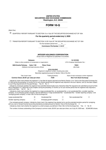 Miniature Integer Holdings
 10-Q Rapport trimestriel 2020 