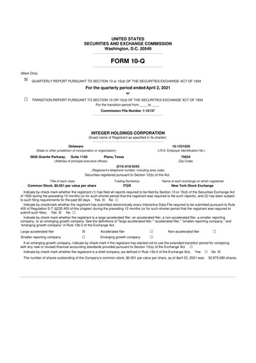 Miniature Integer Holdings
 10-Q Rapport trimestriel 2021 