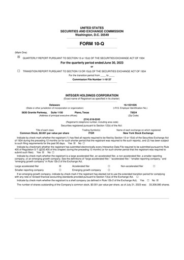 Miniature Integer Holdings
 10-Q Rapport trimestriel 2023 