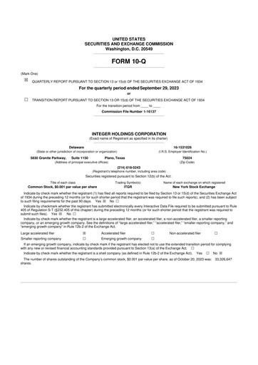 Miniature Integer Holdings
 10-Q Rapport trimestriel 2023 