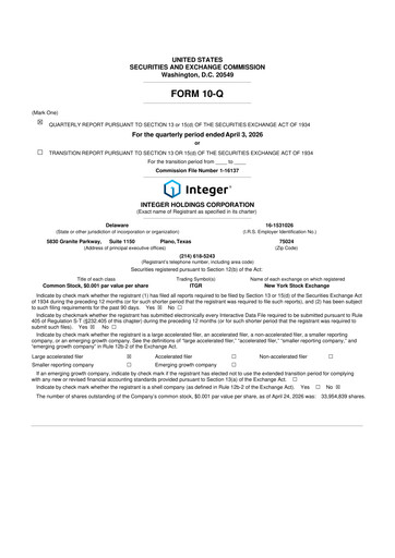 Thumbnail Integer Holdings
 10-Q Quarterly Report FY 