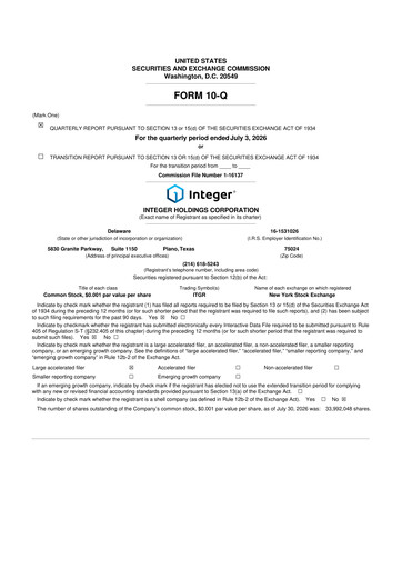 Thumbnail Integer Holdings
 10-Q Quarterly Report FY2026 