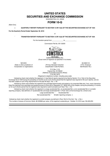 Thumbnail Comstock Inc. 10-Q Quarterly Report FY2016 