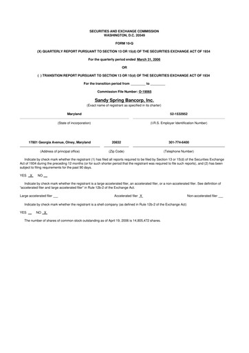 Miniature Sandy Spring Bank 10-Q Rapport trimestriel  