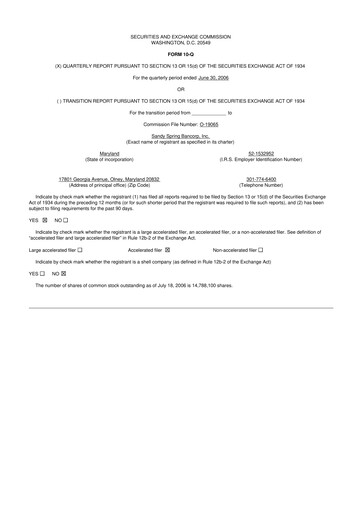 Miniature Sandy Spring Bank 10-Q Rapport trimestriel  