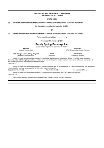 Miniature Sandy Spring Bank 10-Q Rapport trimestriel  